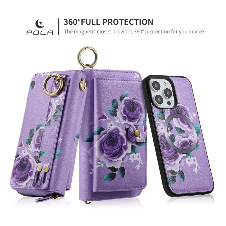 For iPhone 14 Plus POLA MagSafe Flower Multi-functional Zipper Wallet Leather Phone Case(Purple) - iPhone 14 Plus Cases by buy2fix | Online Shopping UK | buy2fix
