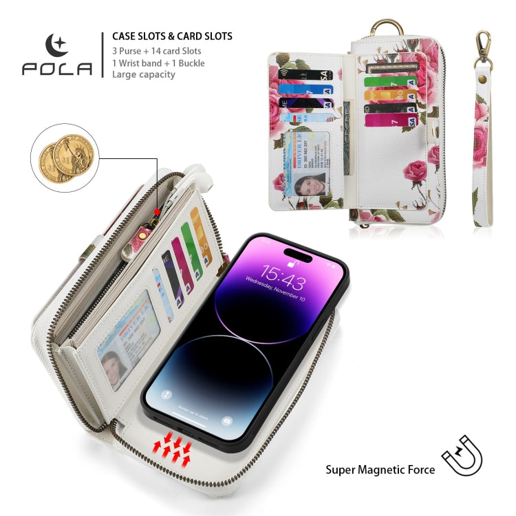 For iPhone 14 Plus POLA MagSafe Flower Multi-functional Zipper Wallet Leather Phone Case(Beige) - iPhone 14 Plus Cases by buy2fix | Online Shopping UK | buy2fix