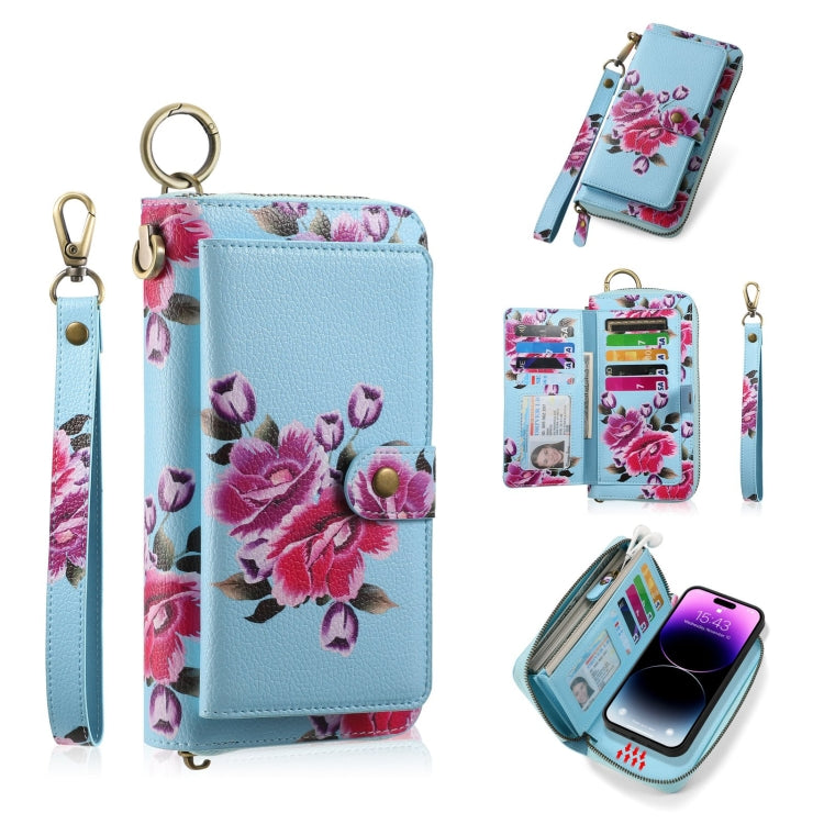 For iPhone 14 Pro POLA MagSafe Flower Multi-functional Zipper Wallet Leather Phone Case(Sky Blue) - iPhone 14 Pro Cases by buy2fix | Online Shopping UK | buy2fix