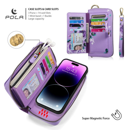 For iPhone 14 Pro POLA MagSafe Flower Multi-functional Zipper Wallet Leather Phone Case(Purple) - iPhone 14 Pro Cases by buy2fix | Online Shopping UK | buy2fix