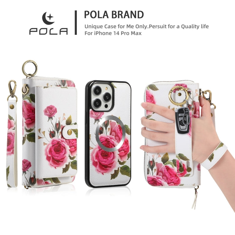 For iPhone 14 Pro POLA MagSafe Flower Multi-functional Zipper Wallet Leather Phone Case(Beige) - iPhone 14 Pro Cases by buy2fix | Online Shopping UK | buy2fix