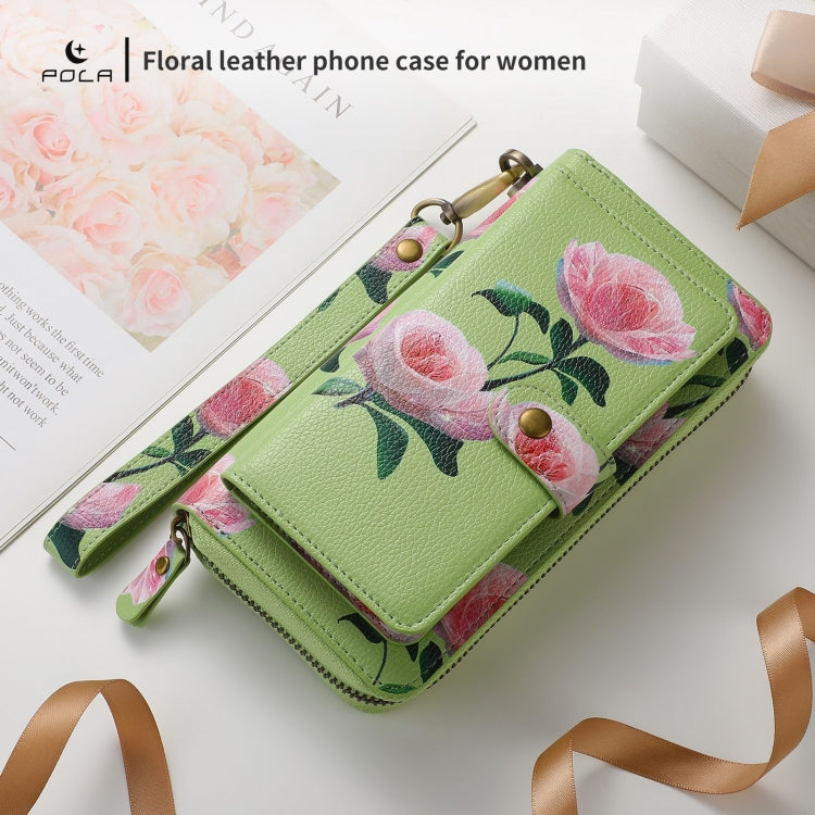 For iPhone 14 Pro Max POLA MagSafe Flower Multi-functional Zipper Wallet Leather Phone Case(Green) - iPhone 14 Pro Max Cases by buy2fix | Online Shopping UK | buy2fix