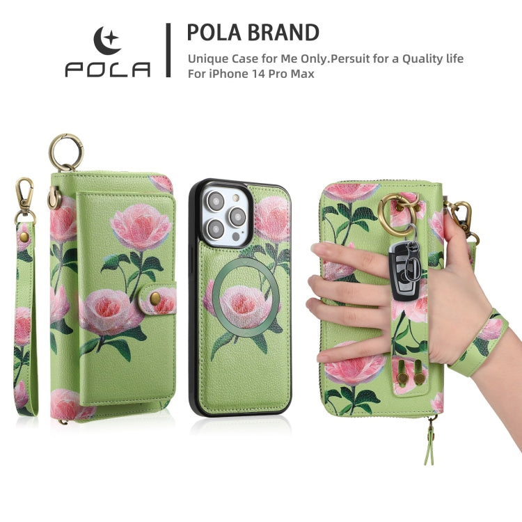 For iPhone 14 Pro Max POLA MagSafe Flower Multi-functional Zipper Wallet Leather Phone Case(Green) - iPhone 14 Pro Max Cases by buy2fix | Online Shopping UK | buy2fix