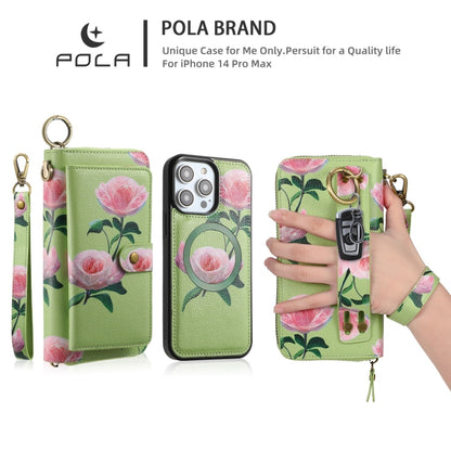 For iPhone 14 Pro Max POLA MagSafe Flower Multi-functional Zipper Wallet Leather Phone Case(Green) - iPhone 14 Pro Max Cases by buy2fix | Online Shopping UK | buy2fix