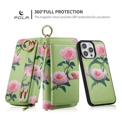 For iPhone 14 Pro Max POLA MagSafe Flower Multi-functional Zipper Wallet Leather Phone Case(Green) - iPhone 14 Pro Max Cases by buy2fix | Online Shopping UK | buy2fix