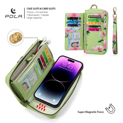 For iPhone 14 Pro Max POLA MagSafe Flower Multi-functional Zipper Wallet Leather Phone Case(Green) - iPhone 14 Pro Max Cases by buy2fix | Online Shopping UK | buy2fix