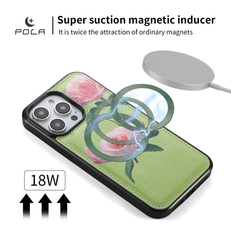For iPhone 14 Pro Max POLA MagSafe Flower Multi-functional Zipper Wallet Leather Phone Case(Green) - iPhone 14 Pro Max Cases by buy2fix | Online Shopping UK | buy2fix