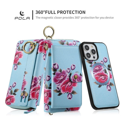 For iPhone 14 Pro Max POLA MagSafe Flower Multi-functional Zipper Wallet Leather Phone Case(Sky Blue) - iPhone 14 Pro Max Cases by buy2fix | Online Shopping UK | buy2fix