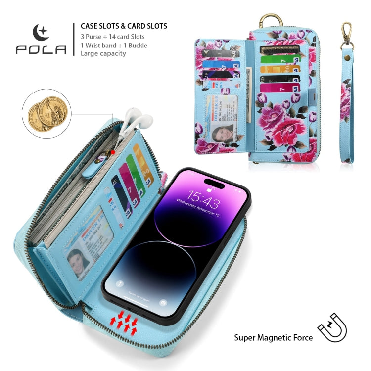 For iPhone 14 Pro Max POLA MagSafe Flower Multi-functional Zipper Wallet Leather Phone Case(Sky Blue) - iPhone 14 Pro Max Cases by buy2fix | Online Shopping UK | buy2fix