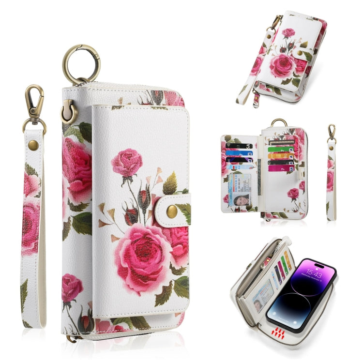 For iPhone 14 Pro Max POLA MagSafe Flower Multi-functional Zipper Wallet Leather Phone Case(Beige) - iPhone 14 Pro Max Cases by buy2fix | Online Shopping UK | buy2fix