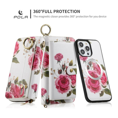 For iPhone 14 Pro Max POLA MagSafe Flower Multi-functional Zipper Wallet Leather Phone Case(Beige) - iPhone 14 Pro Max Cases by buy2fix | Online Shopping UK | buy2fix