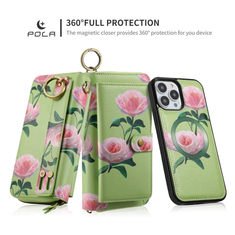 For iPhone 13 Pro Max POLA MagSafe Flower Multi-functional Zipper Wallet Leather Phone Case(Green) - iPhone 13 Pro Max Cases by buy2fix | Online Shopping UK | buy2fix