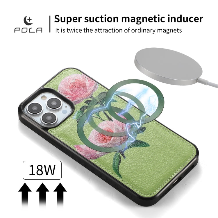 For iPhone 13 Pro Max POLA MagSafe Flower Multi-functional Zipper Wallet Leather Phone Case(Green) - iPhone 13 Pro Max Cases by buy2fix | Online Shopping UK | buy2fix