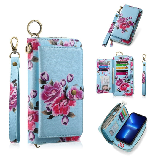 For iPhone 13 Pro Max POLA MagSafe Flower Multi-functional Zipper Wallet Leather Phone Case(Sky Blue) - iPhone 13 Pro Max Cases by buy2fix | Online Shopping UK | buy2fix