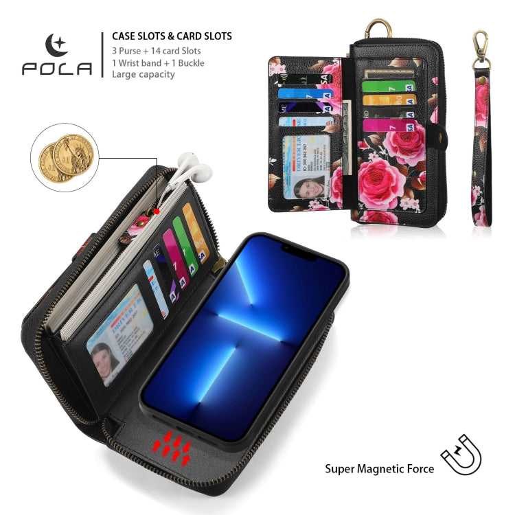 For iPhone 13 Pro POLA MagSafe Flower Multi-functional Zipper Wallet Leather Phone Case(Black) - iPhone 13 Pro Cases by buy2fix | Online Shopping UK | buy2fix