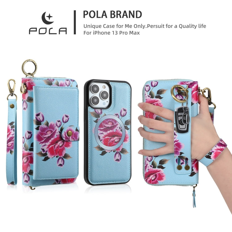 For iPhone 13 Pro POLA MagSafe Flower Multi-functional Zipper Wallet Leather Phone Case(Sky Blue) - iPhone 13 Pro Cases by buy2fix | Online Shopping UK | buy2fix