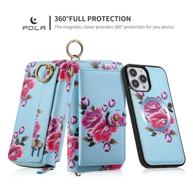 For iPhone 13 Pro POLA MagSafe Flower Multi-functional Zipper Wallet Leather Phone Case(Sky Blue) - iPhone 13 Pro Cases by buy2fix | Online Shopping UK | buy2fix