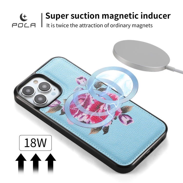 For iPhone 13 Pro POLA MagSafe Flower Multi-functional Zipper Wallet Leather Phone Case(Sky Blue) - iPhone 13 Pro Cases by buy2fix | Online Shopping UK | buy2fix