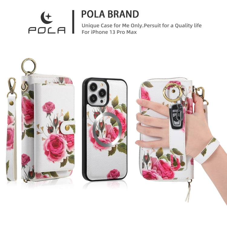 For iPhone 13 Pro POLA MagSafe Flower Multi-functional Zipper Wallet Leather Phone Case(Beige) - iPhone 13 Pro Cases by buy2fix | Online Shopping UK | buy2fix