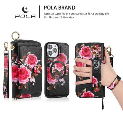 For iPhone 13 POLA MagSafe Flower Multi-functional Zipper Wallet Leather Phone Case(Black) - iPhone 13 Cases by buy2fix | Online Shopping UK | buy2fix