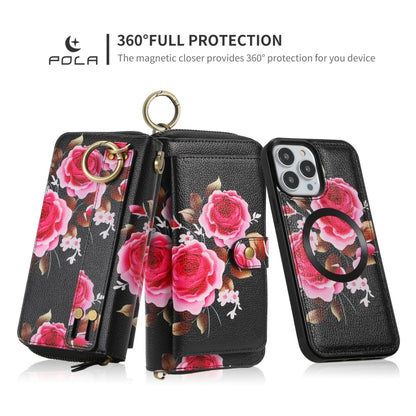 For iPhone 13 POLA MagSafe Flower Multi-functional Zipper Wallet Leather Phone Case(Black) - iPhone 13 Cases by buy2fix | Online Shopping UK | buy2fix