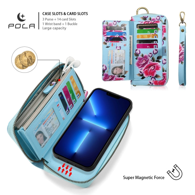 For iPhone 13 POLA MagSafe Flower Multi-functional Zipper Wallet Leather Phone Case(Sky Blue) - iPhone 13 Cases by buy2fix | Online Shopping UK | buy2fix
