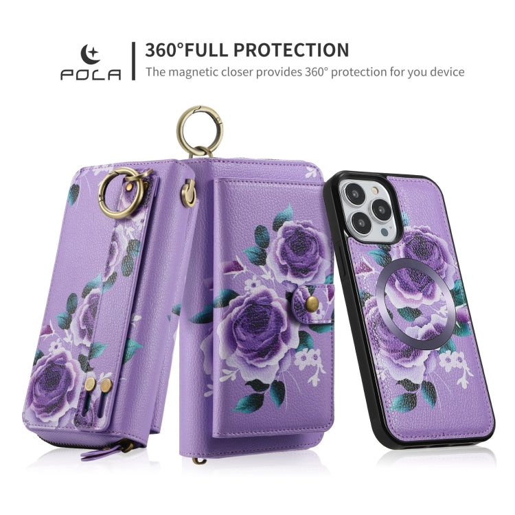 For iPhone 13 POLA MagSafe Flower Multi-functional Zipper Wallet Leather Phone Case(Purple) - iPhone 13 Cases by buy2fix | Online Shopping UK | buy2fix
