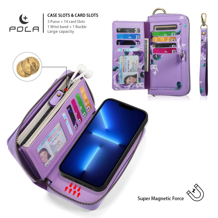 For iPhone 13 POLA MagSafe Flower Multi-functional Zipper Wallet Leather Phone Case(Purple) - iPhone 13 Cases by buy2fix | Online Shopping UK | buy2fix
