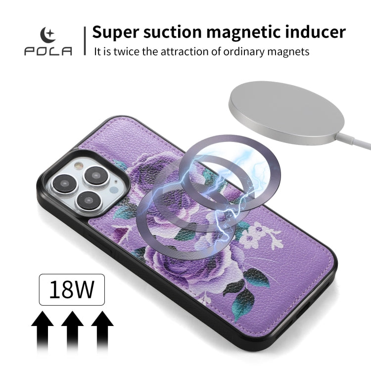 For iPhone 13 POLA MagSafe Flower Multi-functional Zipper Wallet Leather Phone Case(Purple) - iPhone 13 Cases by buy2fix | Online Shopping UK | buy2fix