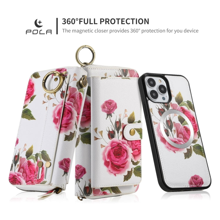 For iPhone 13 POLA MagSafe Flower Multi-functional Zipper Wallet Leather Phone Case(Beige) - iPhone 13 Cases by buy2fix | Online Shopping UK | buy2fix