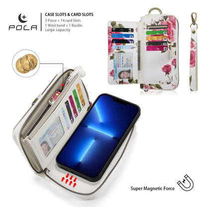 For iPhone 13 POLA MagSafe Flower Multi-functional Zipper Wallet Leather Phone Case(Beige) - iPhone 13 Cases by buy2fix | Online Shopping UK | buy2fix