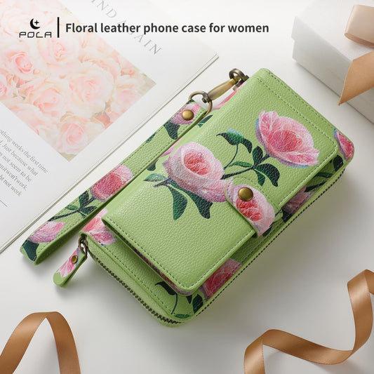 For iPhone 12 / 12 Pro POLA MagSafe Flower Multi-functional Zipper Wallet Leather Phone Case(Green) - iPhone 12 / 12 Pro Cases by buy2fix | Online Shopping UK | buy2fix