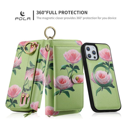For iPhone 12 / 12 Pro POLA MagSafe Flower Multi-functional Zipper Wallet Leather Phone Case(Green) - iPhone 12 / 12 Pro Cases by buy2fix | Online Shopping UK | buy2fix