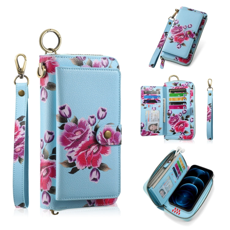 For iPhone 12 / 12 Pro POLA MagSafe Flower Multi-functional Zipper Wallet Leather Phone Case(Sky Blue) - iPhone 12 / 12 Pro Cases by buy2fix | Online Shopping UK | buy2fix