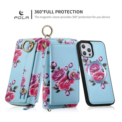 For iPhone 12 / 12 Pro POLA MagSafe Flower Multi-functional Zipper Wallet Leather Phone Case(Sky Blue) - iPhone 12 / 12 Pro Cases by buy2fix | Online Shopping UK | buy2fix
