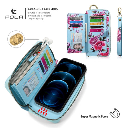 For iPhone 12 / 12 Pro POLA MagSafe Flower Multi-functional Zipper Wallet Leather Phone Case(Sky Blue) - iPhone 12 / 12 Pro Cases by buy2fix | Online Shopping UK | buy2fix