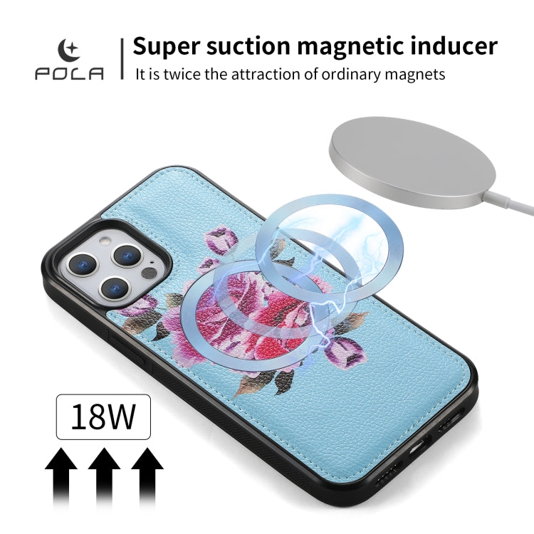 For iPhone 12 / 12 Pro POLA MagSafe Flower Multi-functional Zipper Wallet Leather Phone Case(Sky Blue) - iPhone 12 / 12 Pro Cases by buy2fix | Online Shopping UK | buy2fix