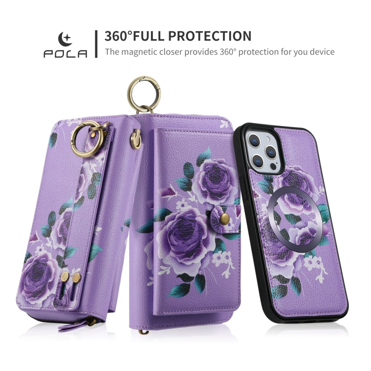 For iPhone 12 / 12 Pro POLA MagSafe Flower Multi-functional Zipper Wallet Leather Phone Case(Purple) - iPhone 12 / 12 Pro Cases by buy2fix | Online Shopping UK | buy2fix