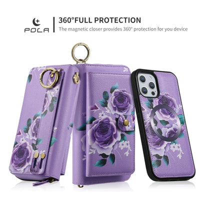 For iPhone 12 / 12 Pro POLA MagSafe Flower Multi-functional Zipper Wallet Leather Phone Case(Purple) - iPhone 12 / 12 Pro Cases by buy2fix | Online Shopping UK | buy2fix