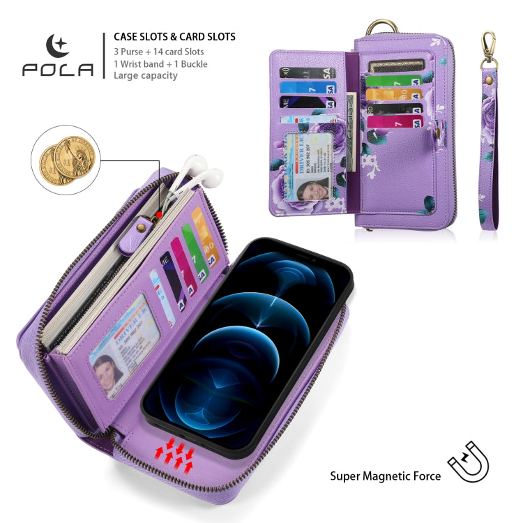 For iPhone 12 / 12 Pro POLA MagSafe Flower Multi-functional Zipper Wallet Leather Phone Case(Purple) - iPhone 12 / 12 Pro Cases by buy2fix | Online Shopping UK | buy2fix