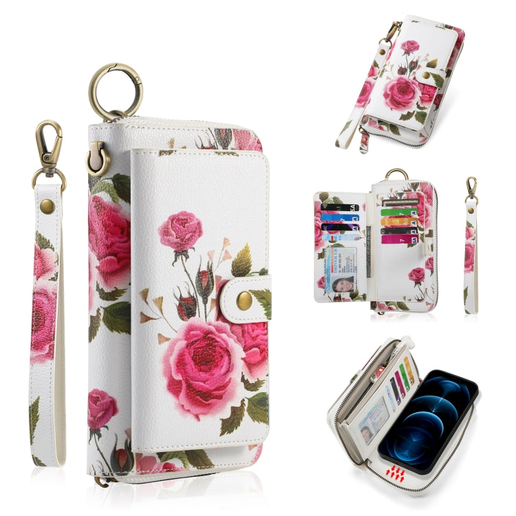 For iPhone 12 / 12 Pro POLA MagSafe Flower Multi-functional Zipper Wallet Leather Phone Case(Beige) - iPhone 12 / 12 Pro Cases by buy2fix | Online Shopping UK | buy2fix