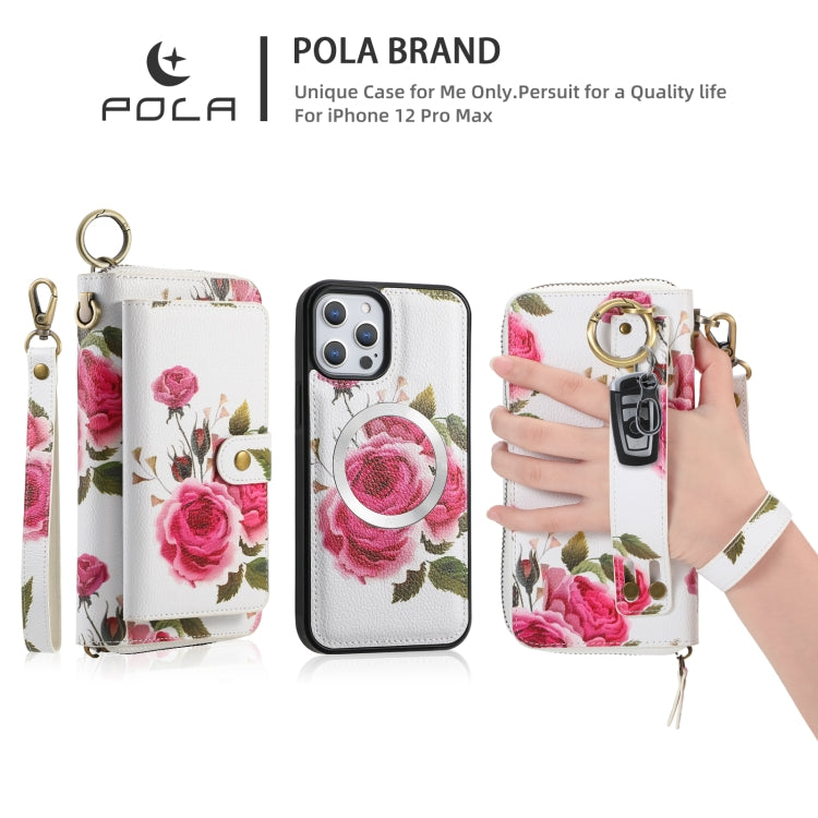 For iPhone 12 / 12 Pro POLA MagSafe Flower Multi-functional Zipper Wallet Leather Phone Case(Beige) - iPhone 12 / 12 Pro Cases by buy2fix | Online Shopping UK | buy2fix