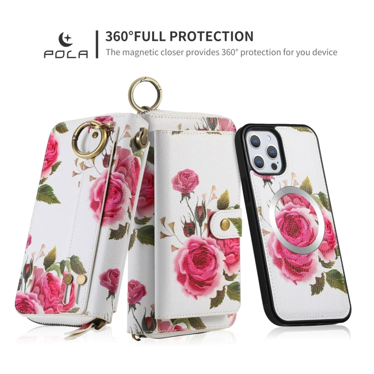 For iPhone 12 / 12 Pro POLA MagSafe Flower Multi-functional Zipper Wallet Leather Phone Case(Beige) - iPhone 12 / 12 Pro Cases by buy2fix | Online Shopping UK | buy2fix