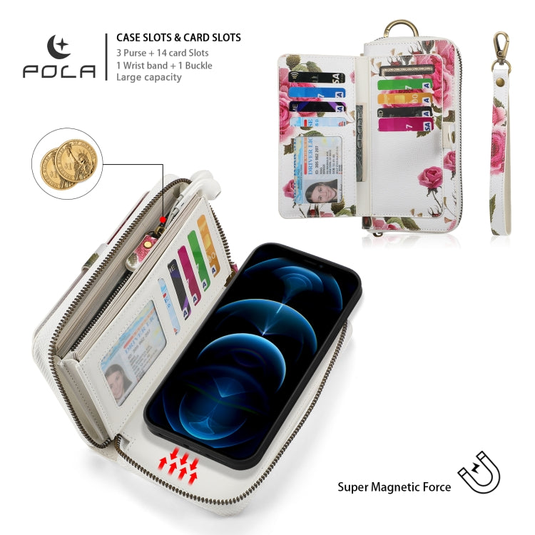 For iPhone 12 / 12 Pro POLA MagSafe Flower Multi-functional Zipper Wallet Leather Phone Case(Beige) - iPhone 12 / 12 Pro Cases by buy2fix | Online Shopping UK | buy2fix