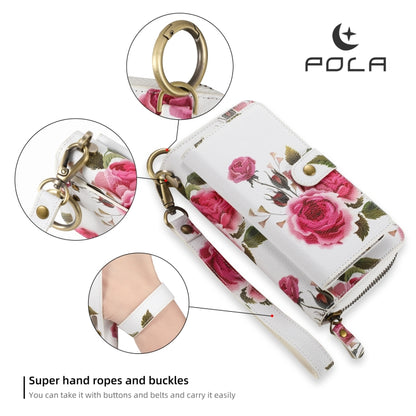 For iPhone 12 / 12 Pro POLA MagSafe Flower Multi-functional Zipper Wallet Leather Phone Case(Beige) - iPhone 12 / 12 Pro Cases by buy2fix | Online Shopping UK | buy2fix