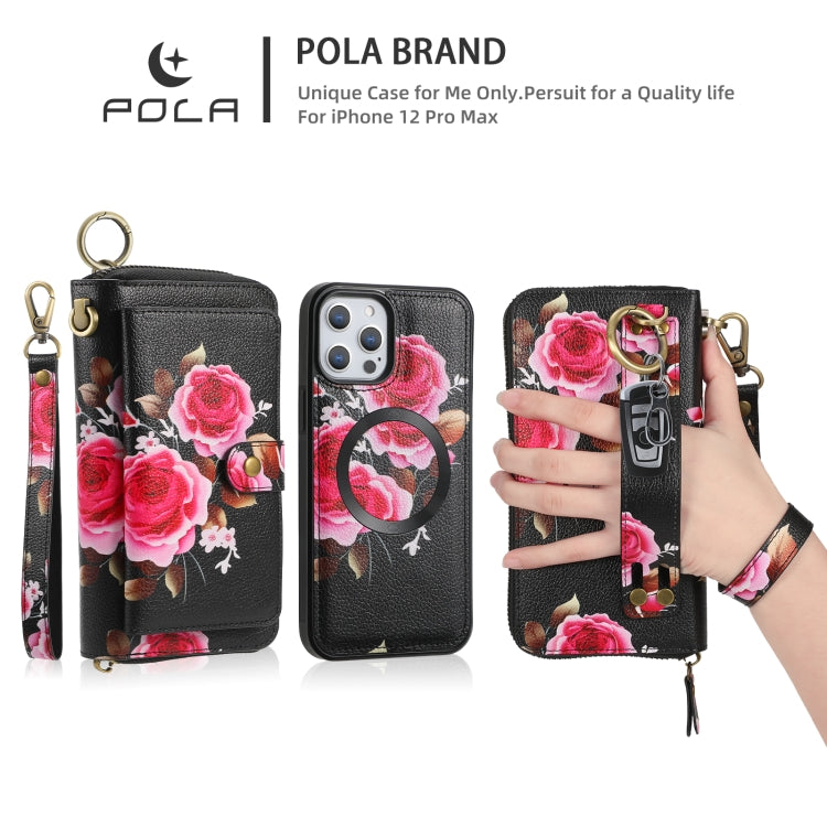 For iPhone 12 Pro Max POLA MagSafe Flower Multi-functional Zipper Wallet Leather Phone Case(Black) - iPhone 12 Pro Max Cases by buy2fix | Online Shopping UK | buy2fix