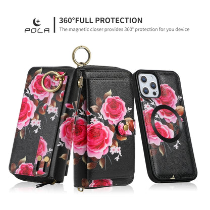 For iPhone 12 Pro Max POLA MagSafe Flower Multi-functional Zipper Wallet Leather Phone Case(Black) - iPhone 12 Pro Max Cases by buy2fix | Online Shopping UK | buy2fix