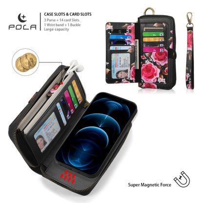 For iPhone 12 Pro Max POLA MagSafe Flower Multi-functional Zipper Wallet Leather Phone Case(Black) - iPhone 12 Pro Max Cases by buy2fix | Online Shopping UK | buy2fix
