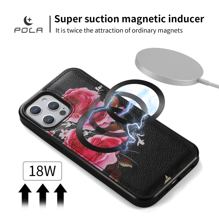 For iPhone 12 Pro Max POLA MagSafe Flower Multi-functional Zipper Wallet Leather Phone Case(Black) - iPhone 12 Pro Max Cases by buy2fix | Online Shopping UK | buy2fix