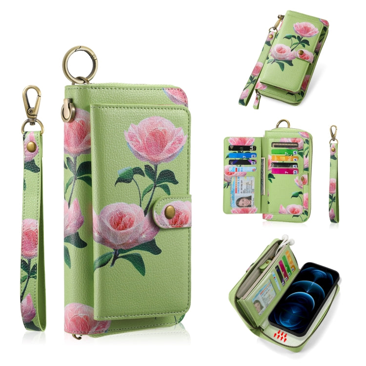 For iPhone 12 Pro Max POLA MagSafe Flower Multi-functional Zipper Wallet Leather Phone Case(Green) - iPhone 12 Pro Max Cases by buy2fix | Online Shopping UK | buy2fix